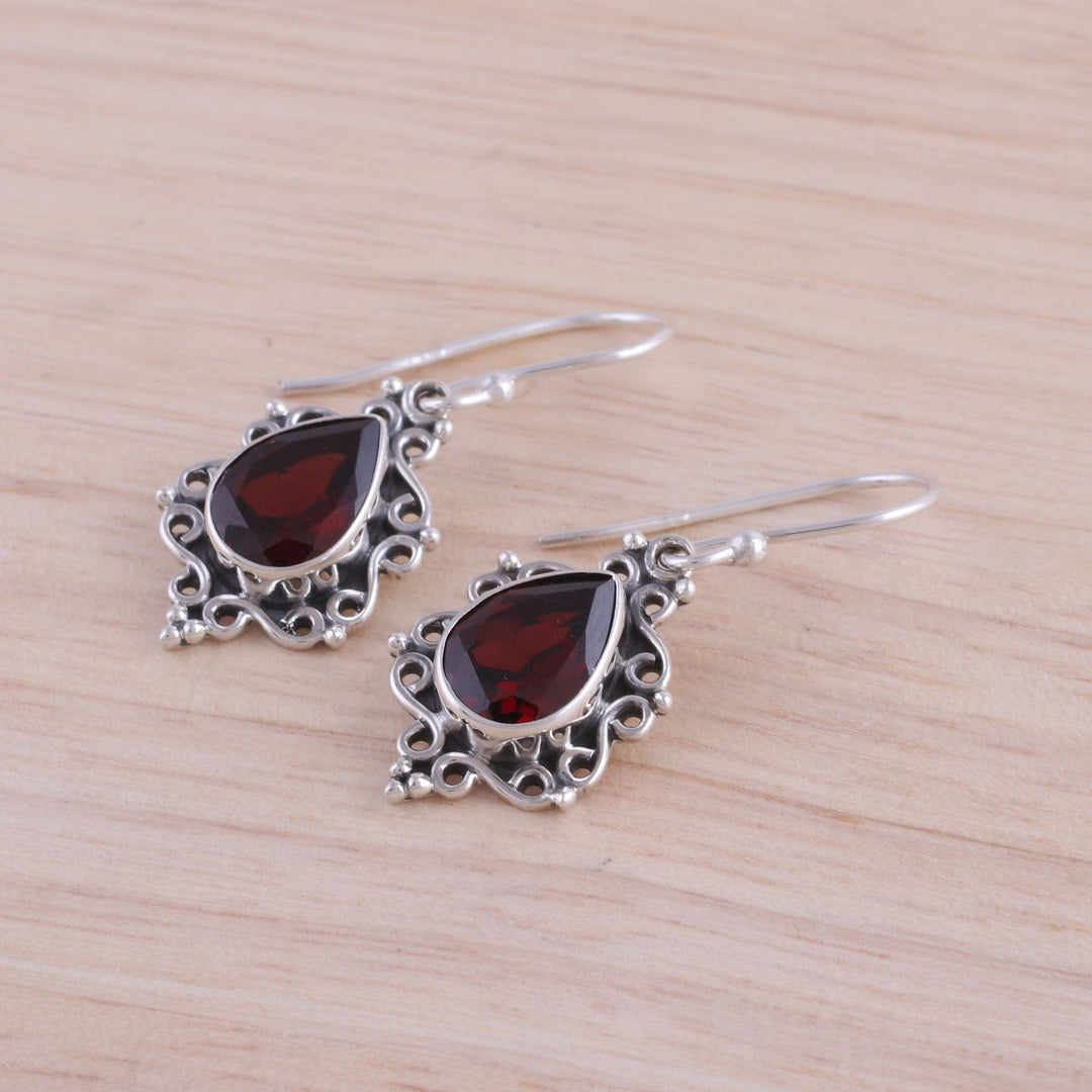 Sterling Silver and Garnet Dangle Earrings from India - Red Intricacy