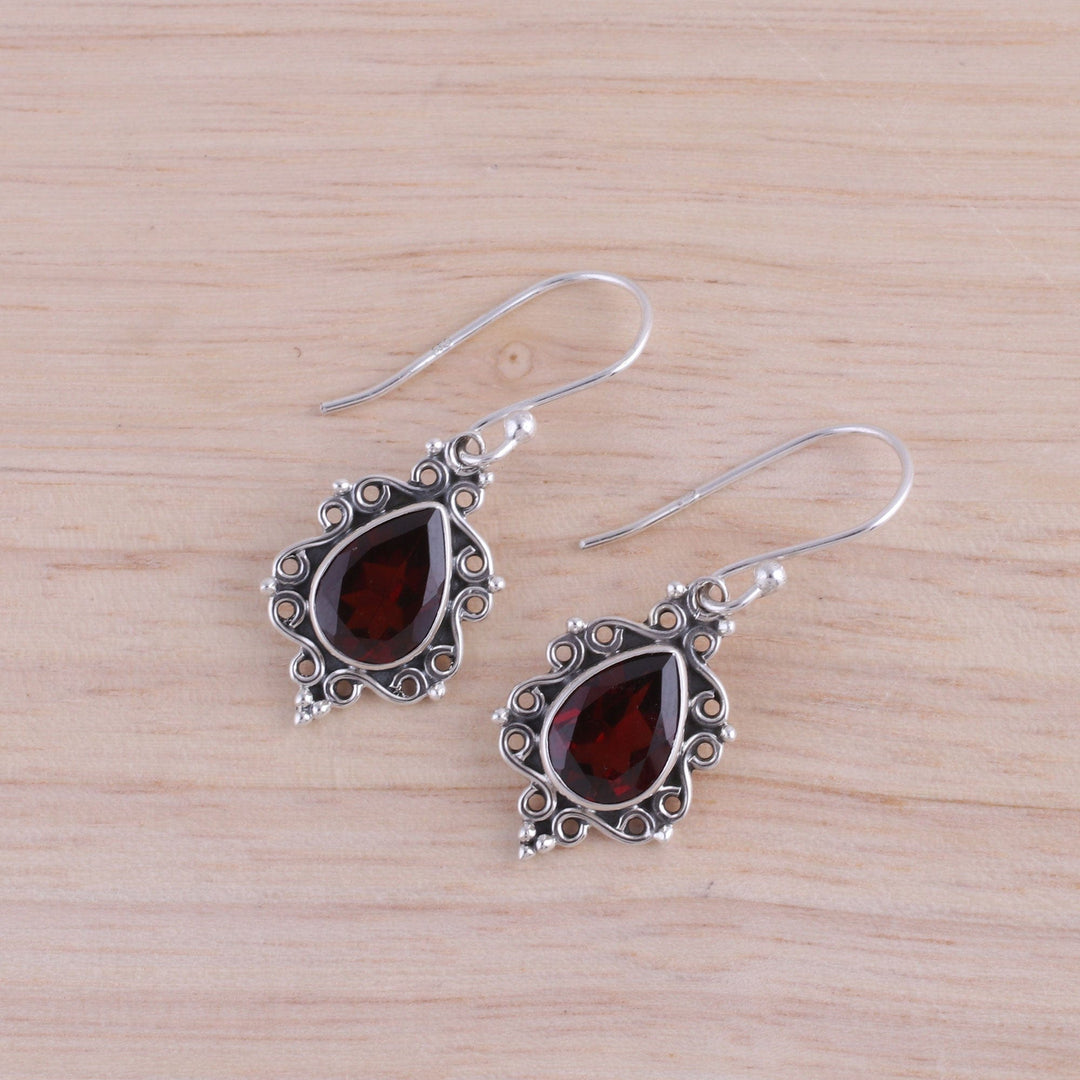 Sterling Silver and Garnet Dangle Earrings from India - Red Intricacy