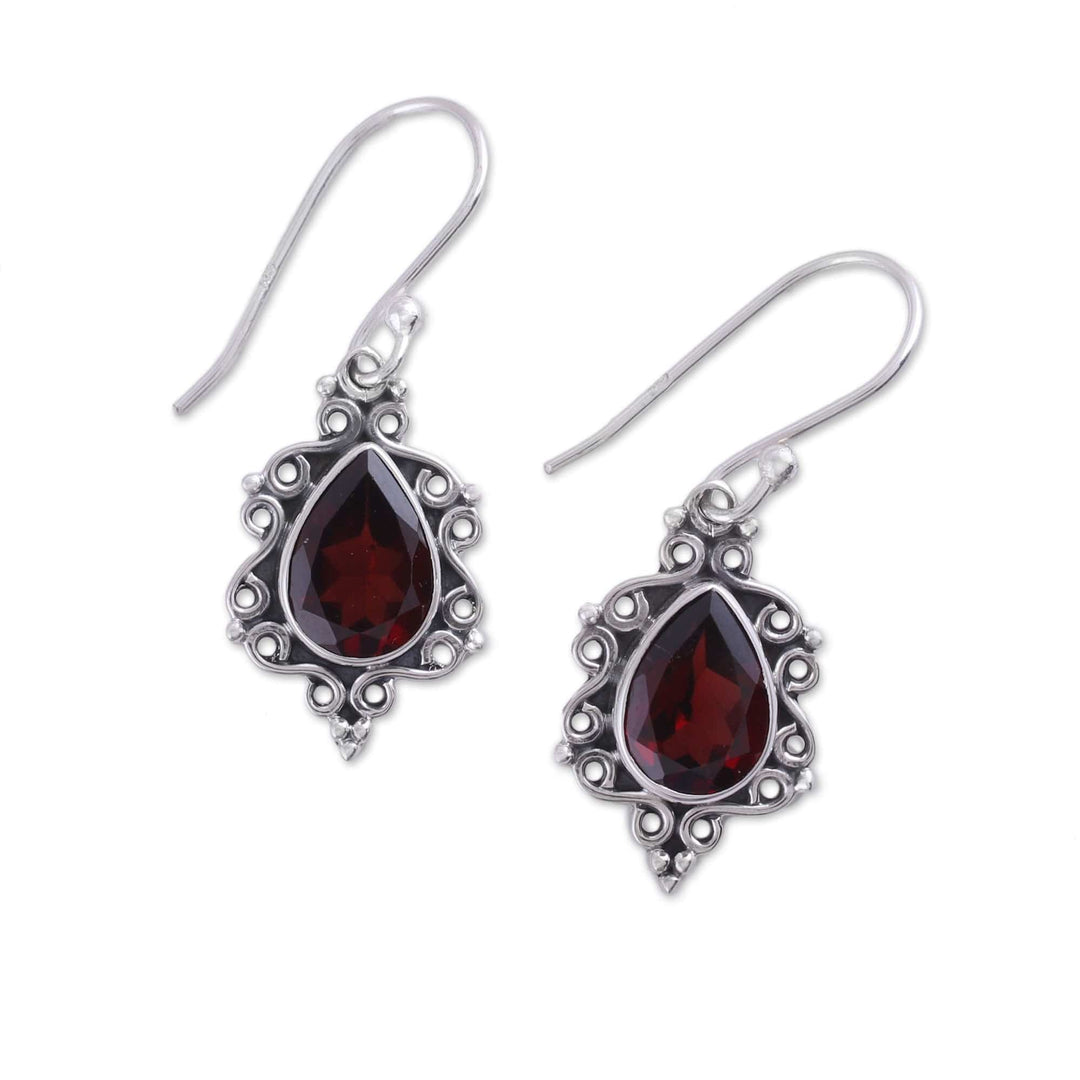 Sterling Silver and Garnet Dangle Earrings from India - Red Intricacy