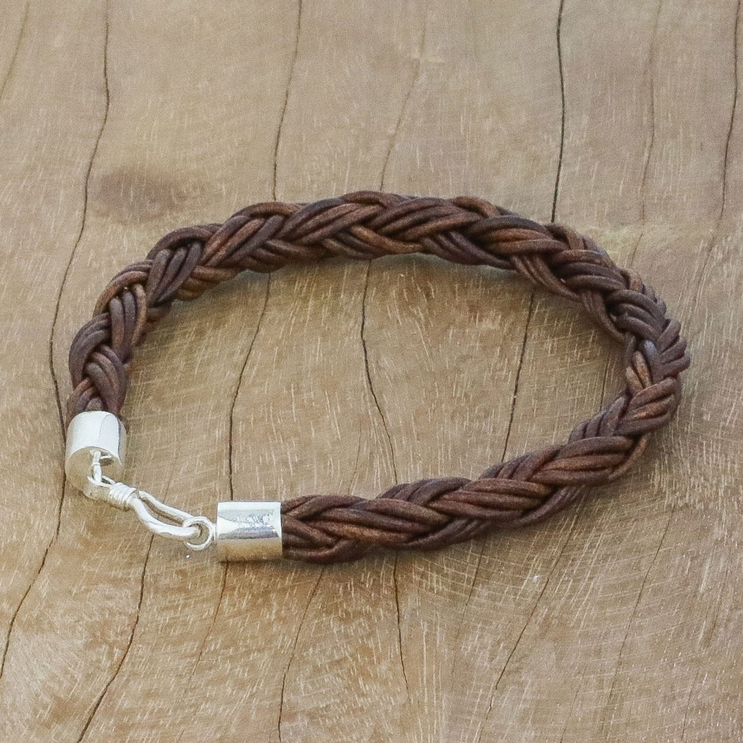 Handmade Brown Braided Leather Bracelet from Thailand - Thai Insight in Chestnut