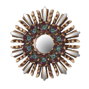 Small Round Reverse Painted Glass and Wood Mirror - Cuzco Garden