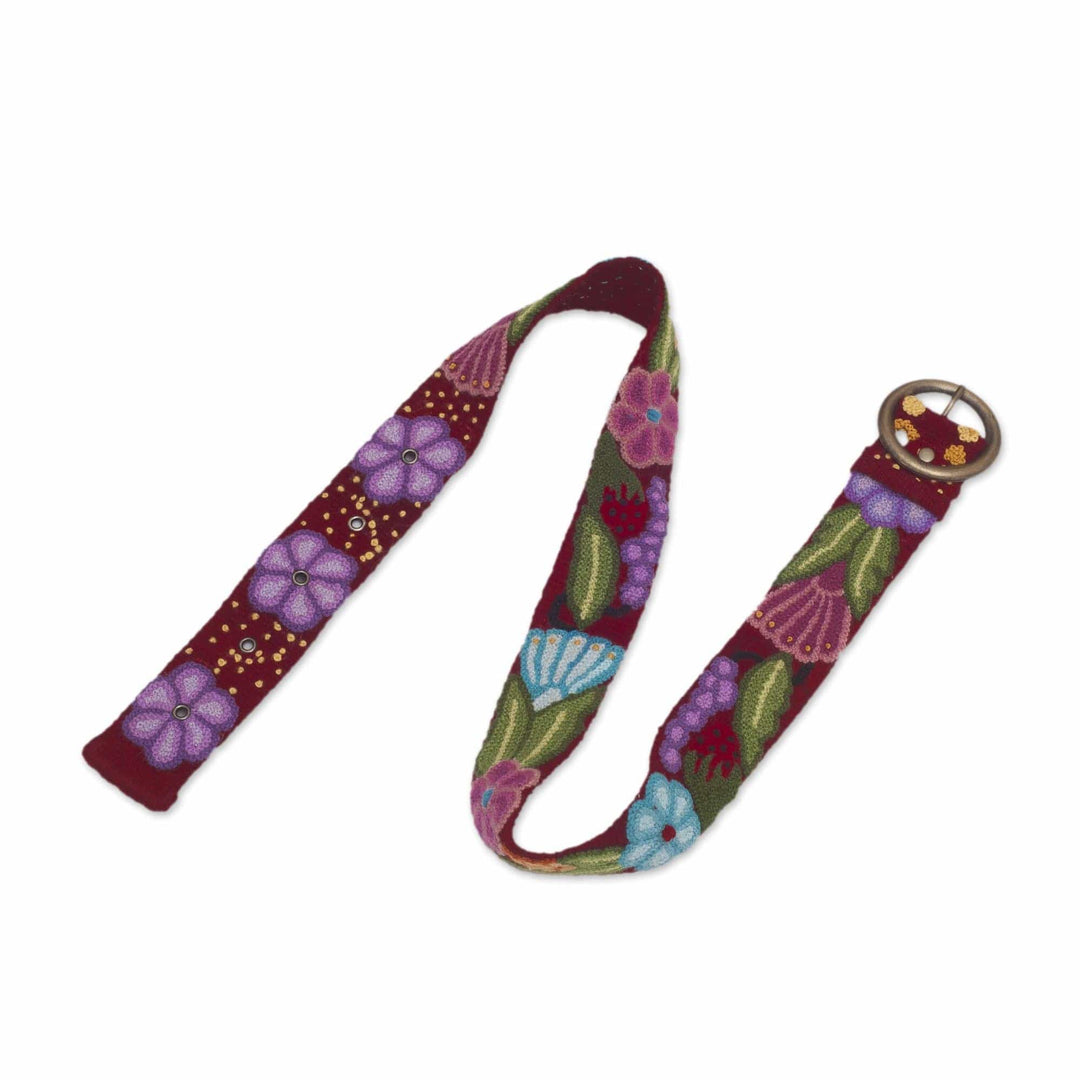 Embroidered Floral Wool Belt in Cherry from Peru - Garden Fashion in Cherry