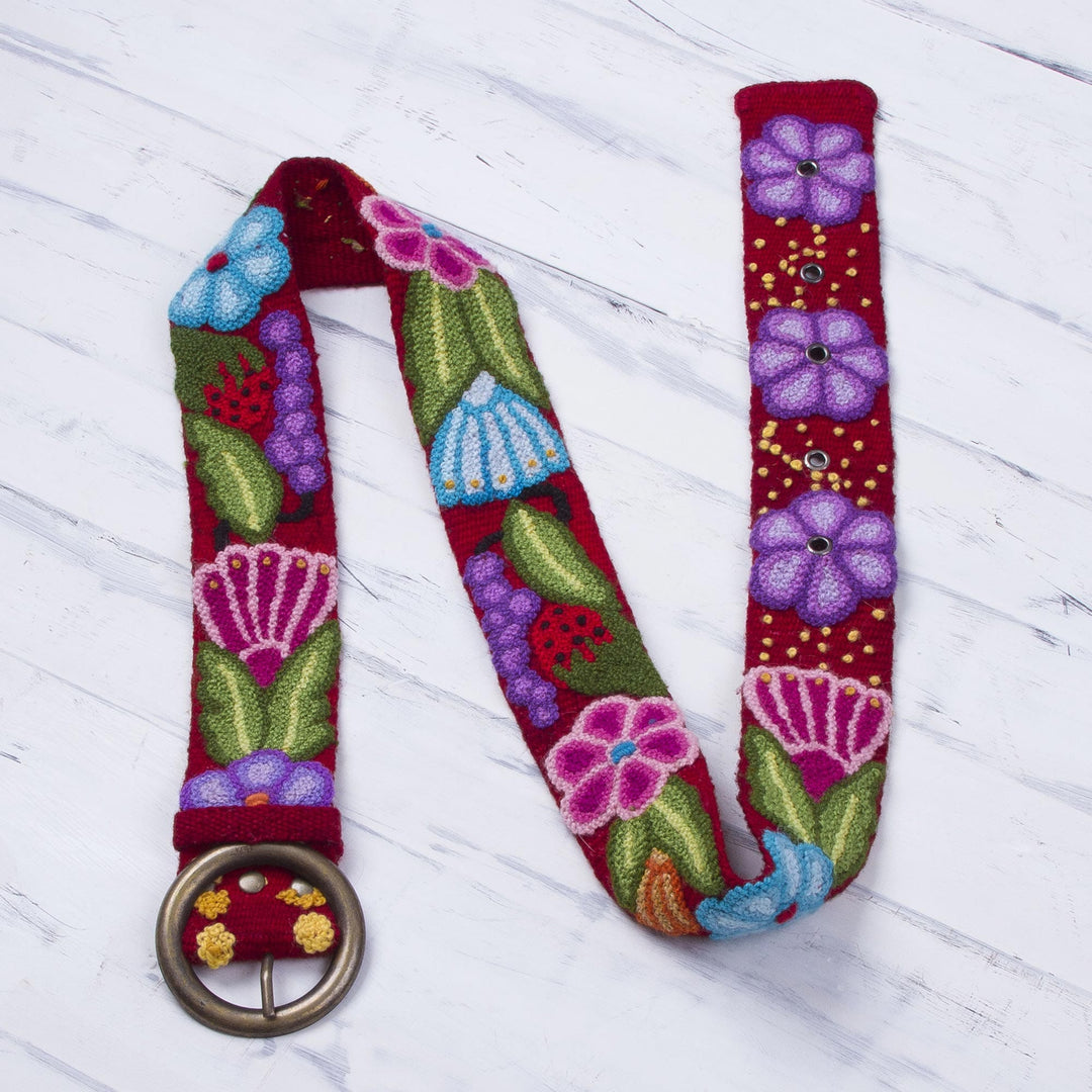 Embroidered Floral Wool Belt in Cherry from Peru - Garden Fashion in Cherry