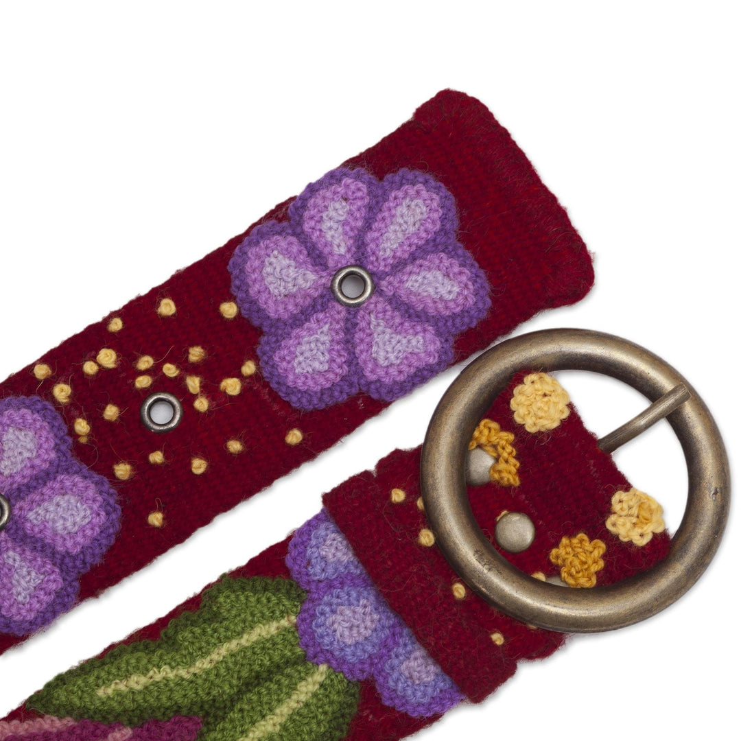 Embroidered Floral Wool Belt in Cherry from Peru - Garden Fashion in Cherry