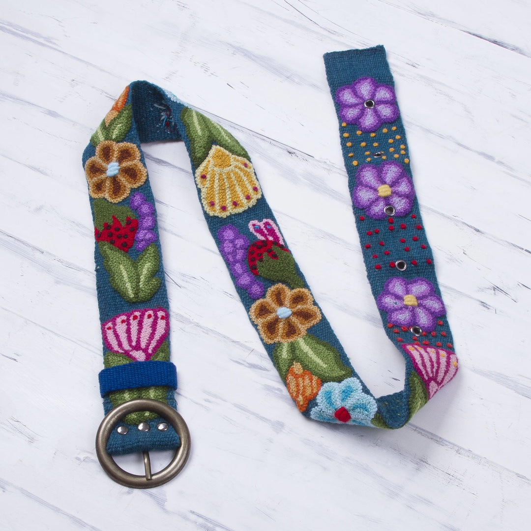 Embroidered Floral Wool Belt in Teal from Peru - Garden Fashion in Teal
