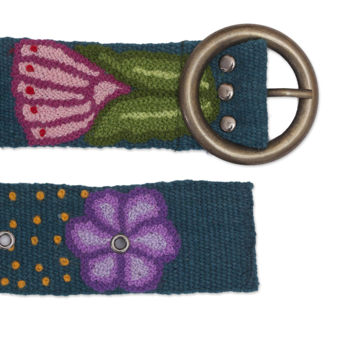 Embroidered Floral Wool Belt in Teal from Peru - Garden Fashion in Teal