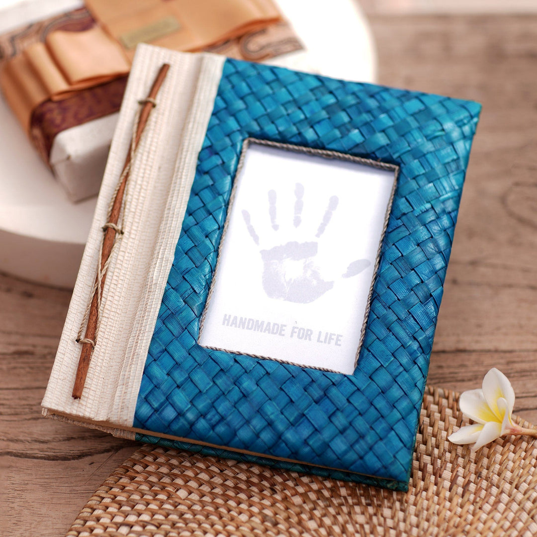 Hand-Woven Pandan Leaf Journal with Photo Cover in Blue - Woven Memories in Blue