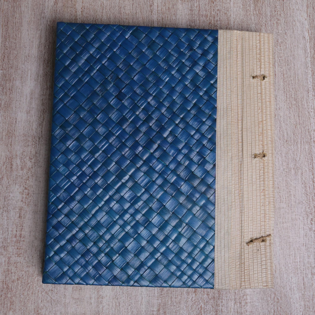 Hand-Woven Pandan Leaf Journal with Photo Cover in Blue - Woven Memories in Blue