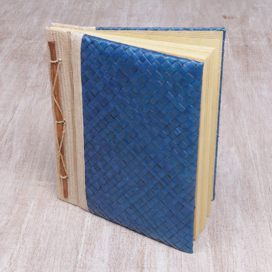 Artisan Hand-woven Pandan Leaf Journal in Blue from Bali - Happy Weaver in Blue