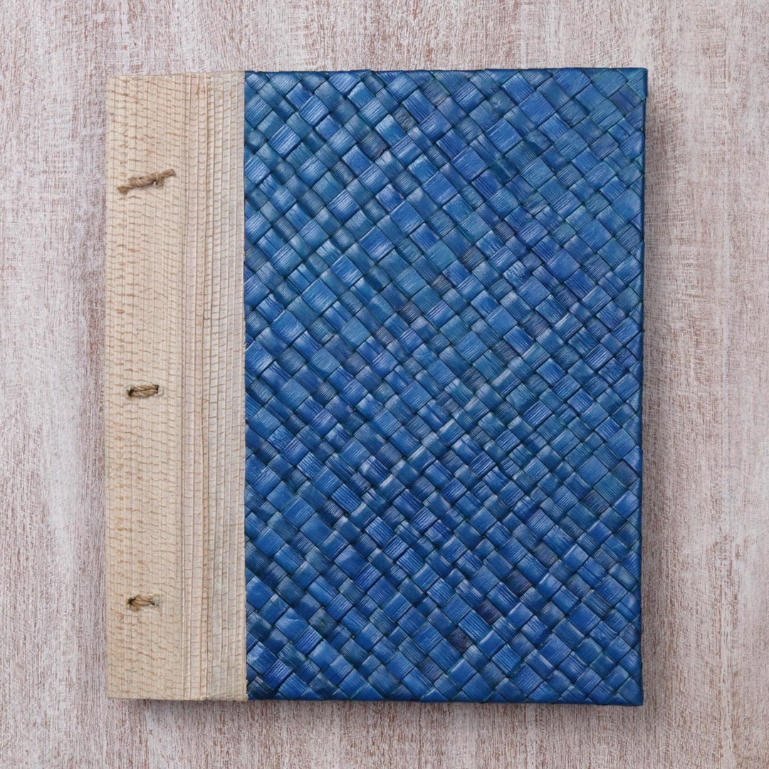 Artisan Hand-woven Pandan Leaf Journal in Blue from Bali - Happy Weaver in Blue
