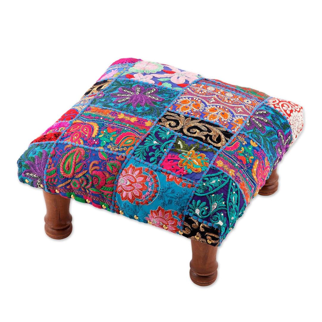 Fair Trade Embellished Ottoman Foot Stool from India - Lapis Patchwork