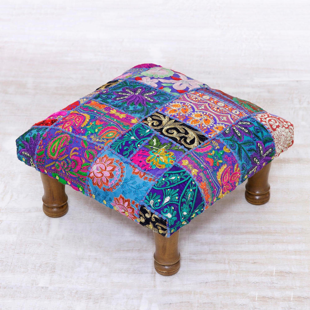 Fair Trade Embellished Ottoman Foot Stool from India - Lapis Patchwork