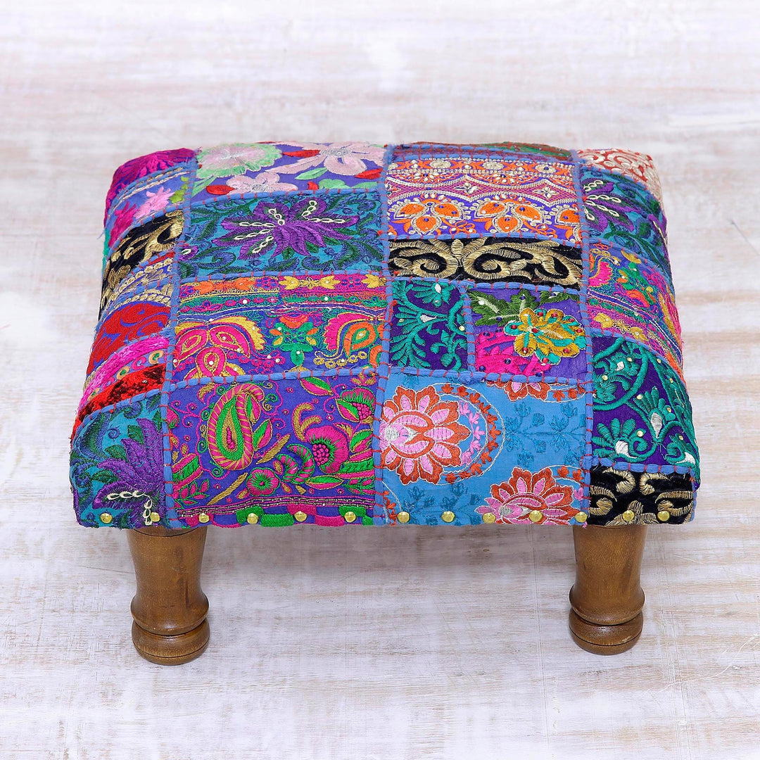 Fair Trade Embellished Ottoman Foot Stool from India - Lapis Patchwork