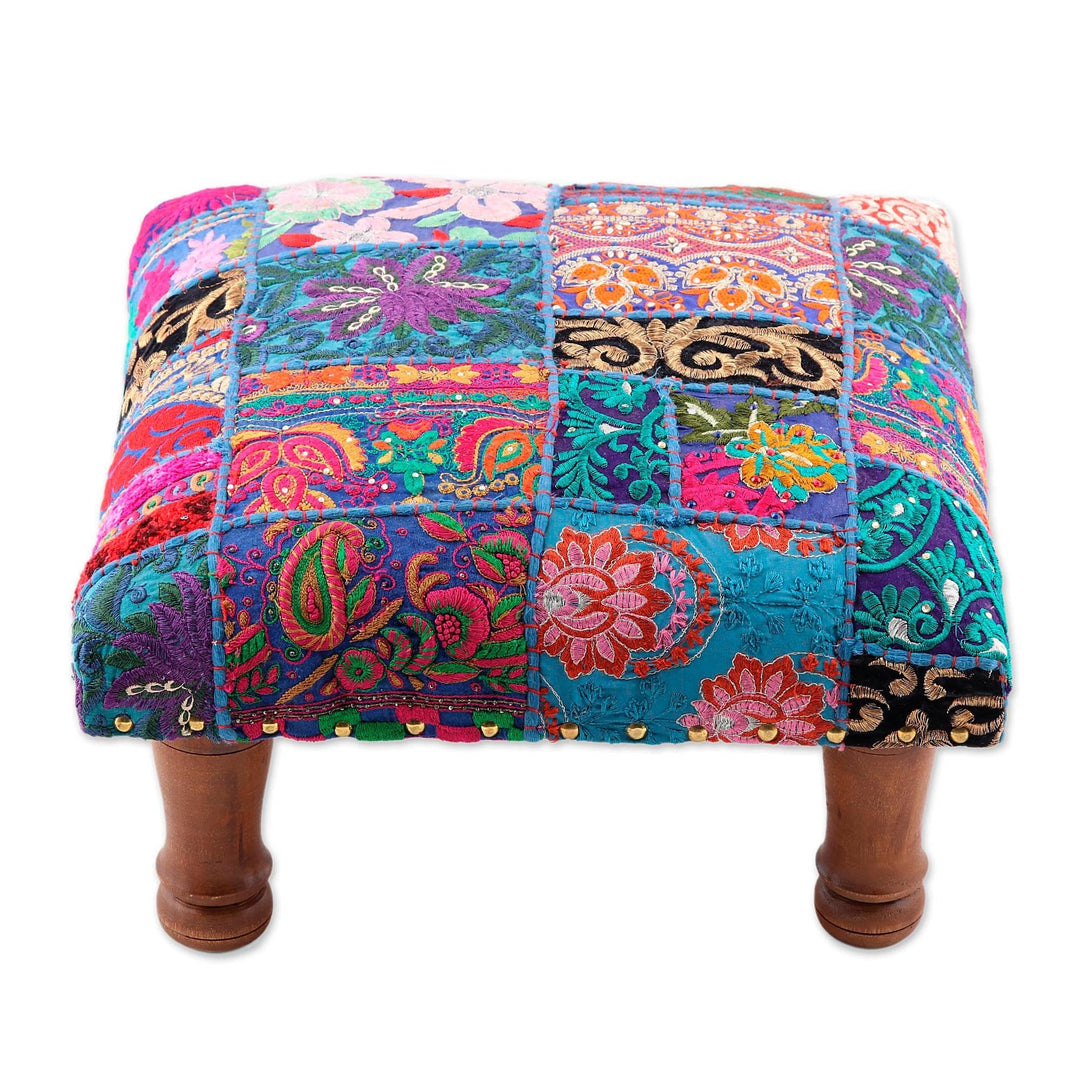 Fair Trade Embellished Ottoman Foot Stool from India - Lapis Patchwork