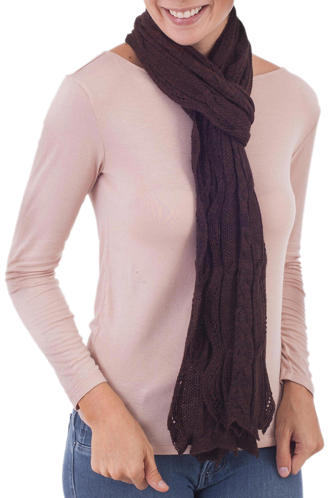 Knit 100% Baby Alpaca Wrap Scarf in Chocolate from Peru - Sweet Brownie