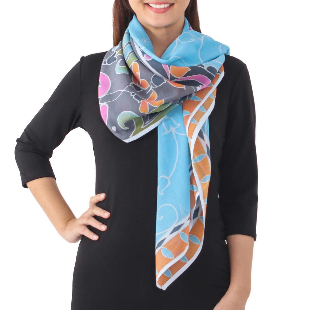 Hand Dyed Blue/Multicolor Floral Cotton Shawl - Terrace Garden