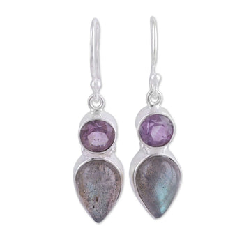 Labradorite and Amethyst Dangle Earrings from India - Dazzling Alliance