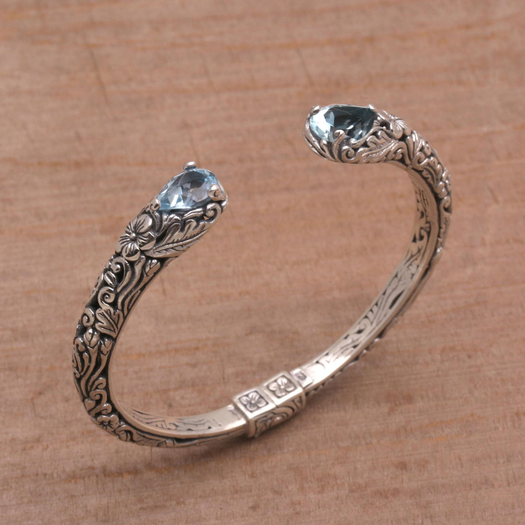 Floral Blue Topaz and Silver Cuff Bracelet from Bali - Transcendent Forest