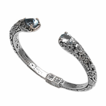 Floral Blue Topaz and Silver Cuff Bracelet from Bali - Transcendent Forest