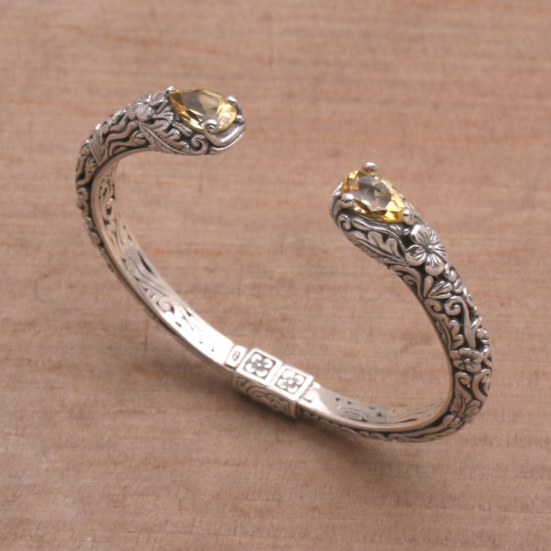 Floral Citrine and Silver Cuff Bracelet from Bali - Transcendent Forest