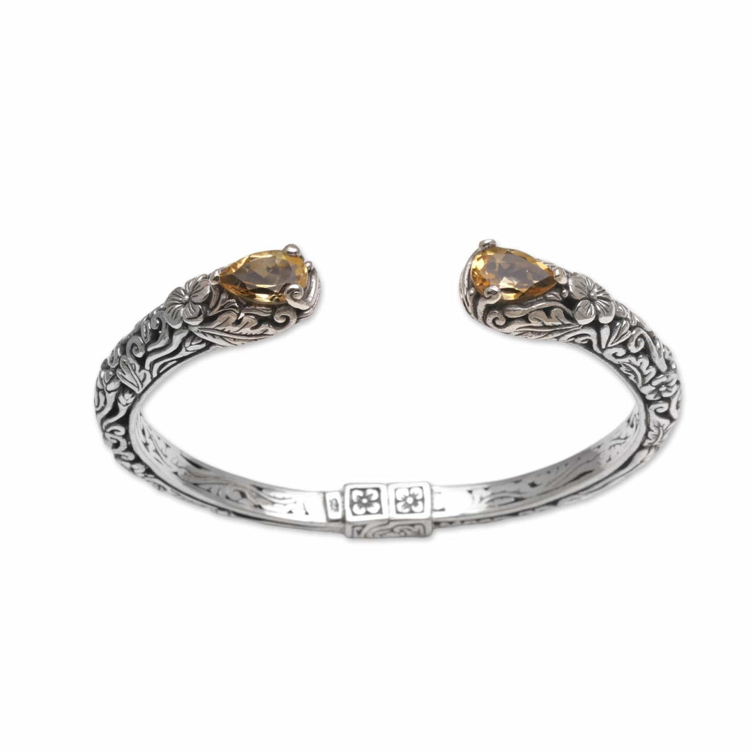 Floral Citrine and Silver Cuff Bracelet from Bali - Transcendent Forest