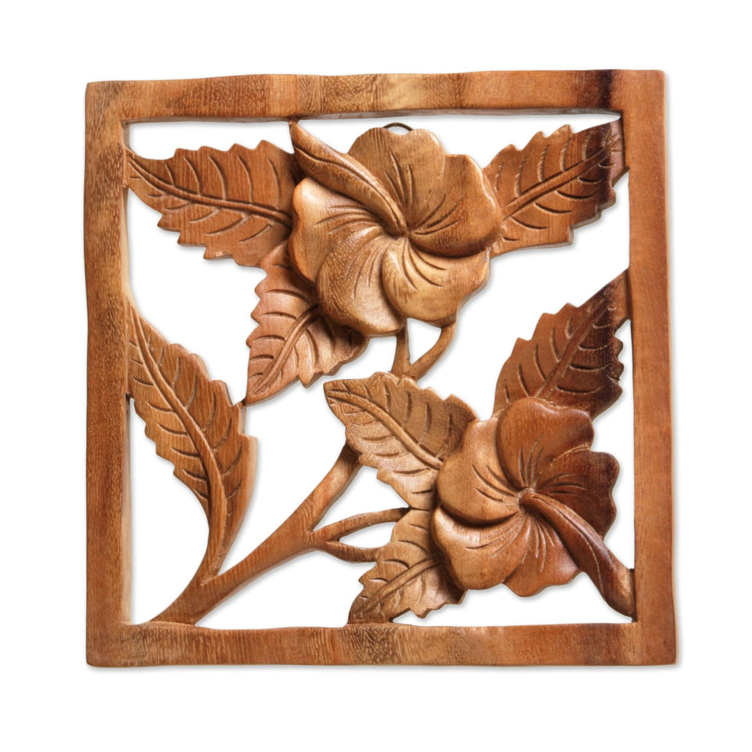 Handmade Square Floral Suar Wood Relief Panel from Bali - Hibiscus Window