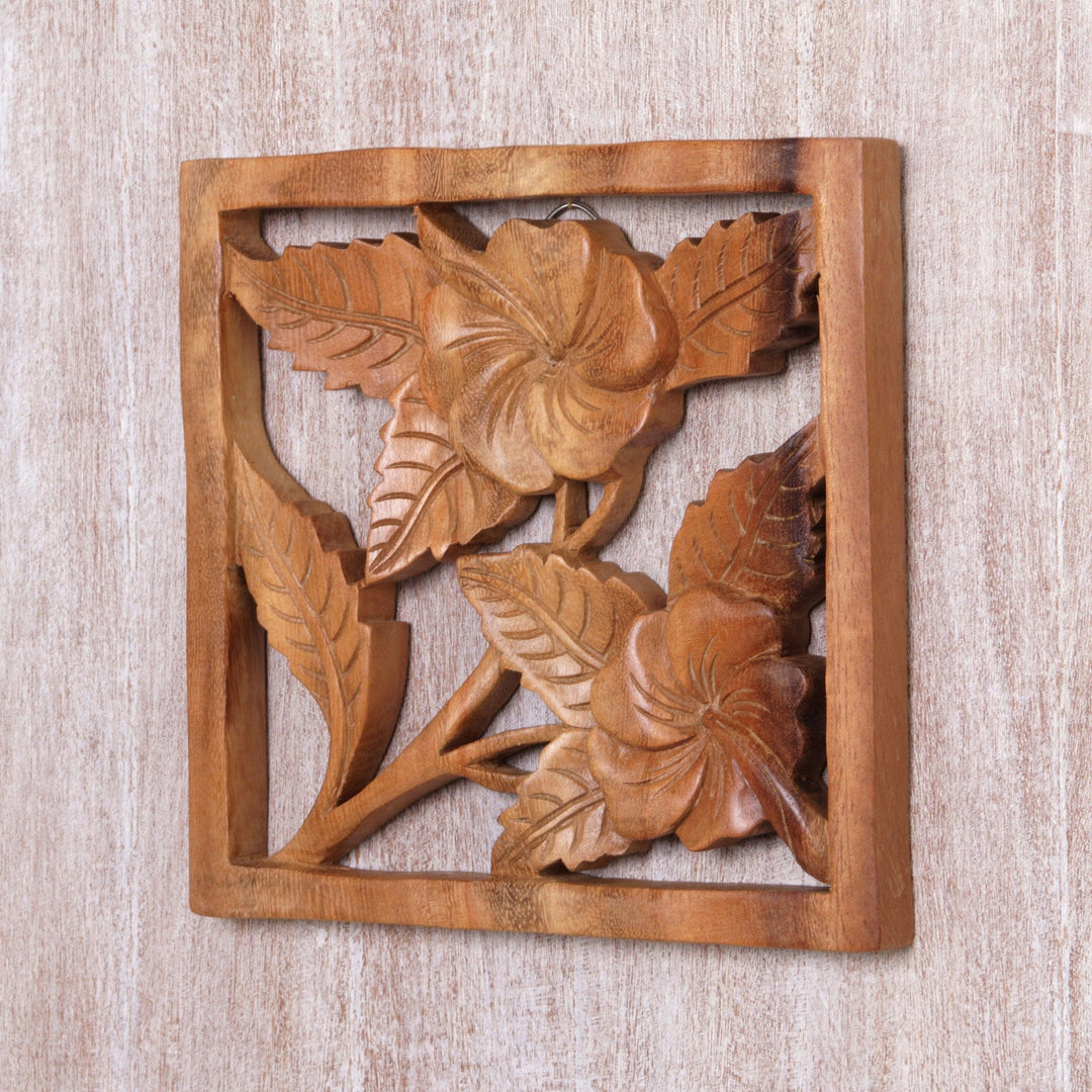 Handmade Square Floral Suar Wood Relief Panel from Bali - Hibiscus Window