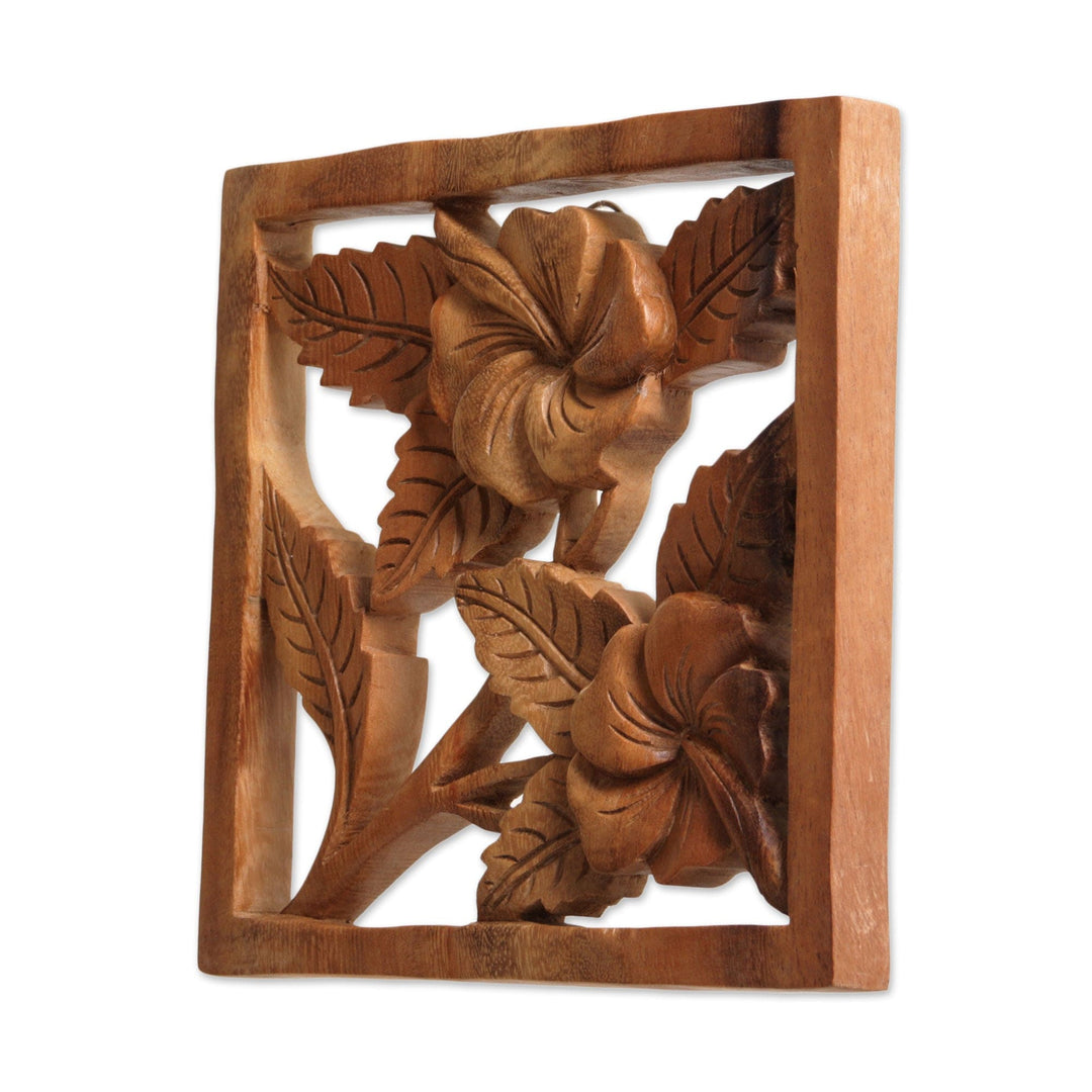 Handmade Square Floral Suar Wood Relief Panel from Bali - Hibiscus Window
