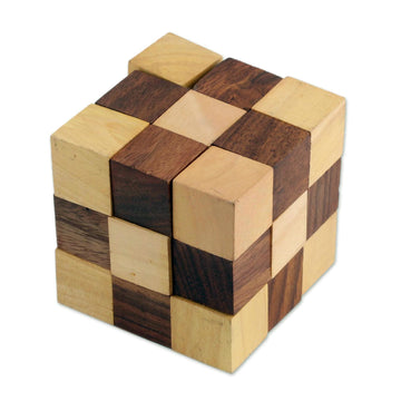 Handcrafted Cube-Shaped Wood Puzzle from India - Test Your Mind