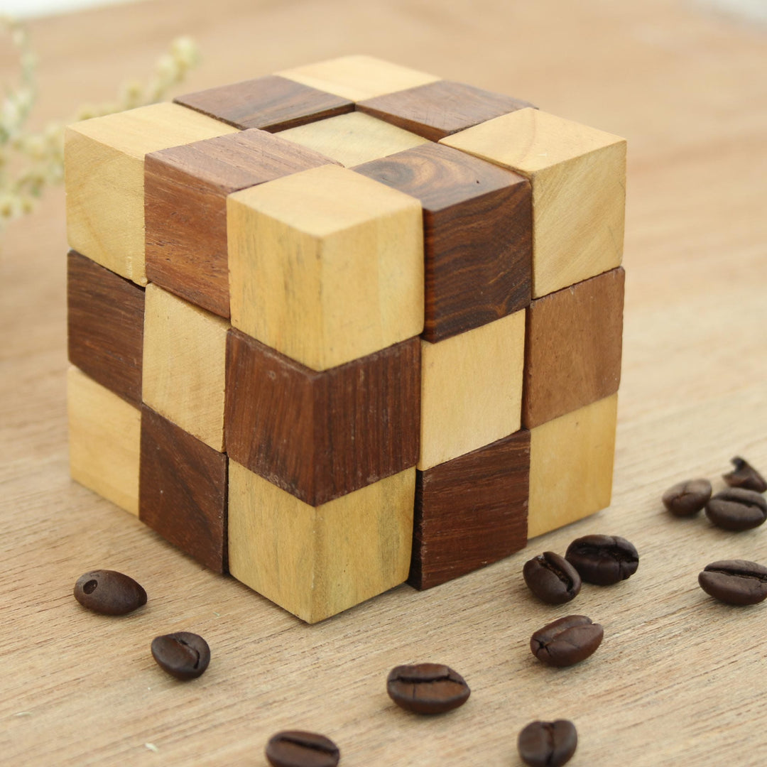 Handcrafted Cube-Shaped Wood Puzzle from India - Test Your Mind