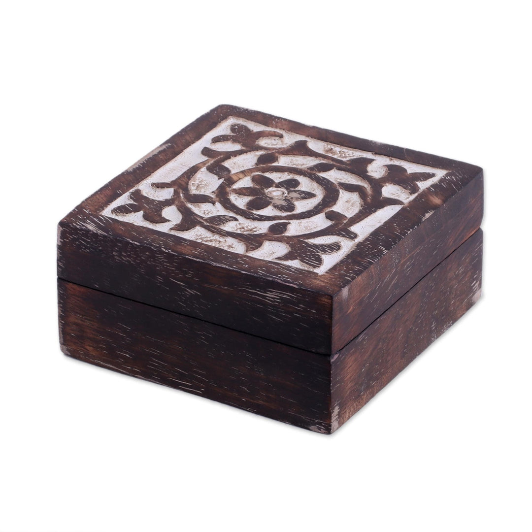 Handcrafted Square Mango Wood Decorative Box from India - Floral Circle