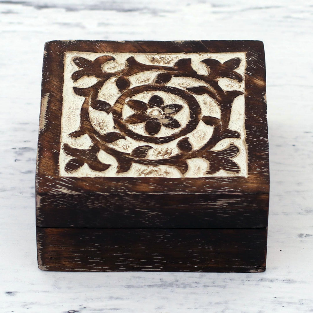 Handcrafted Square Mango Wood Decorative Box from India - Floral Circle