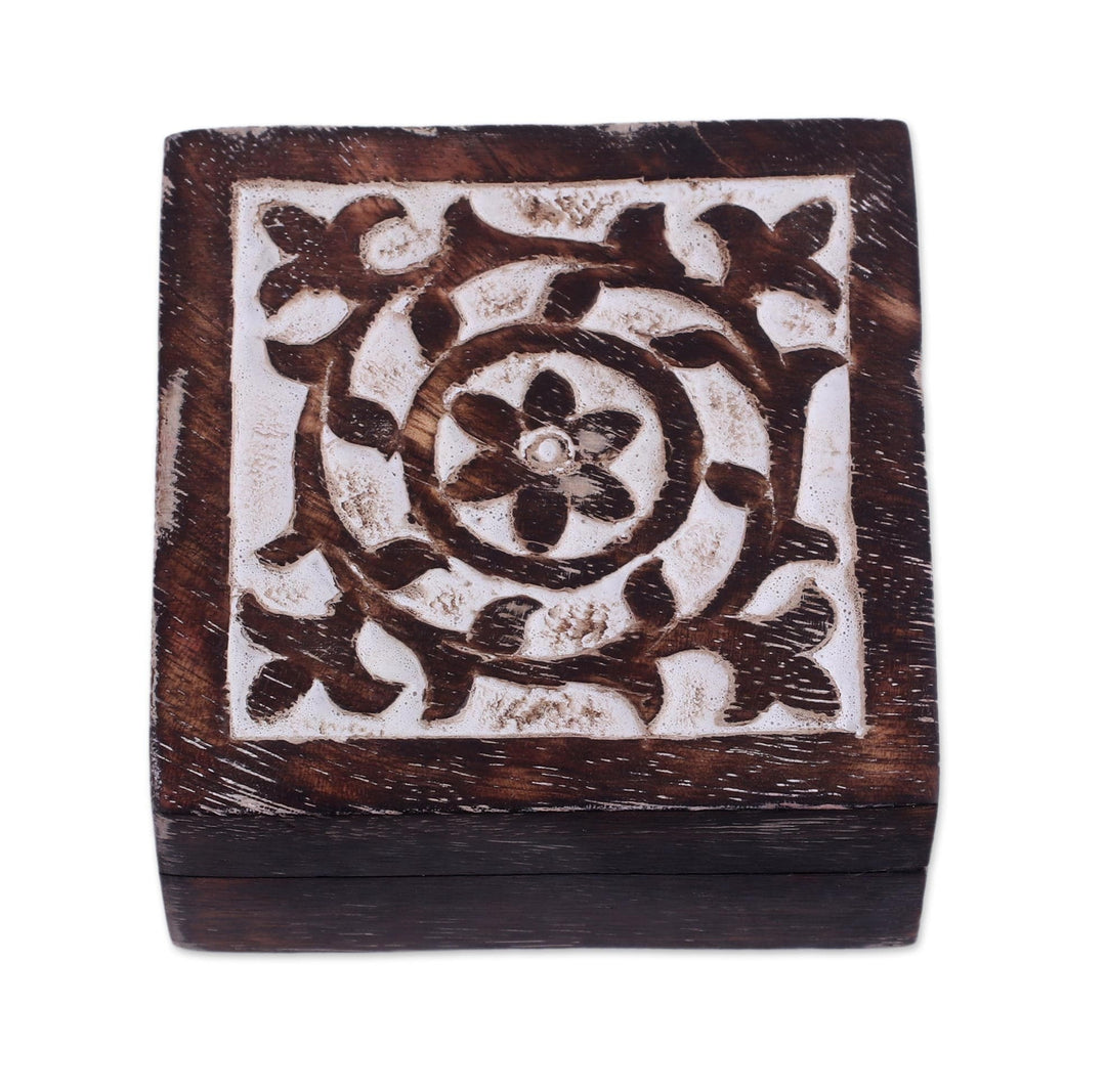 Handcrafted Square Mango Wood Decorative Box from India - Floral Circle