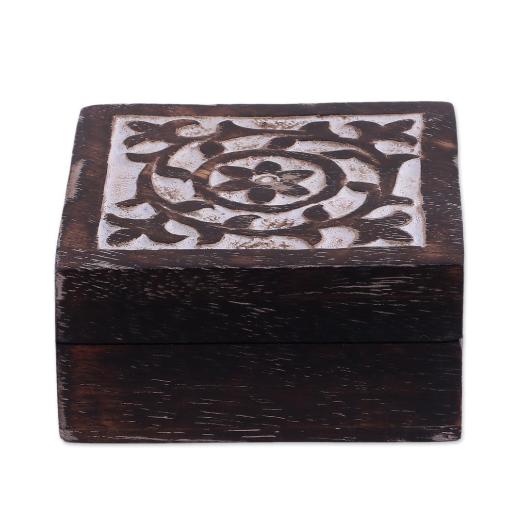 Handcrafted Square Mango Wood Decorative Box from India - Floral Circle