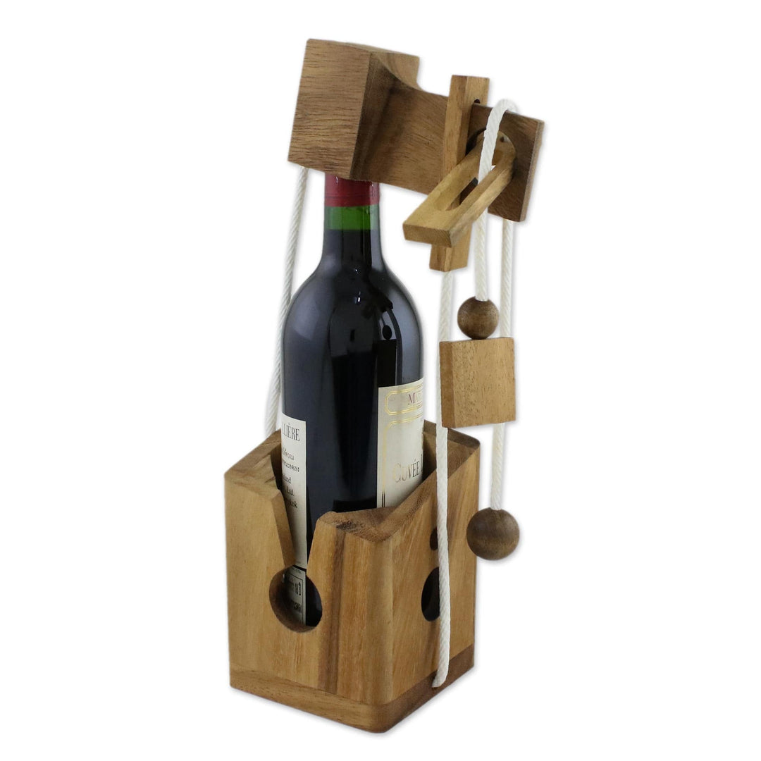 Handmade Wood Bottle Holder and Puzzle from Thailand - Open the Bottle