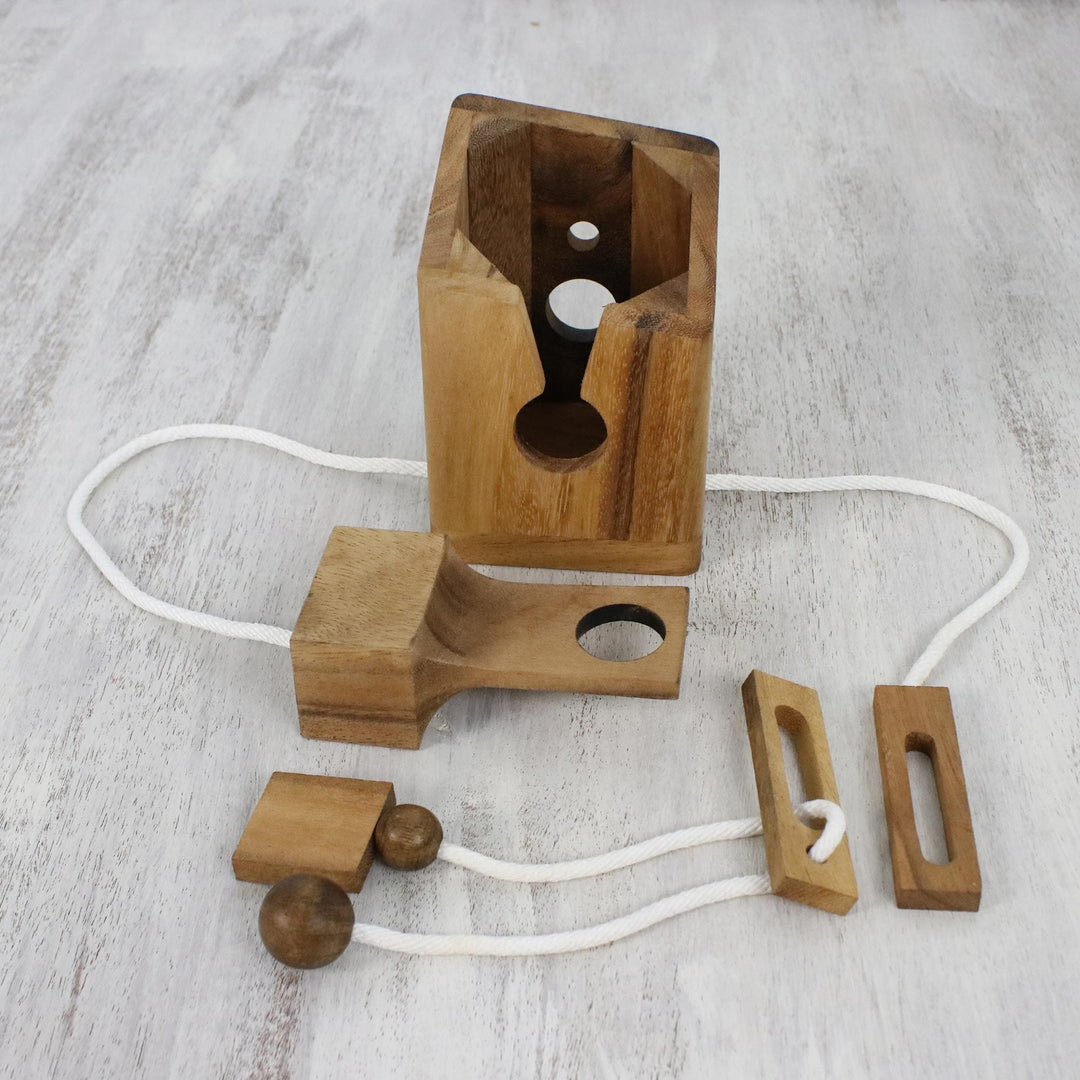 Handmade Wood Bottle Holder and Puzzle from Thailand - Open the Bottle