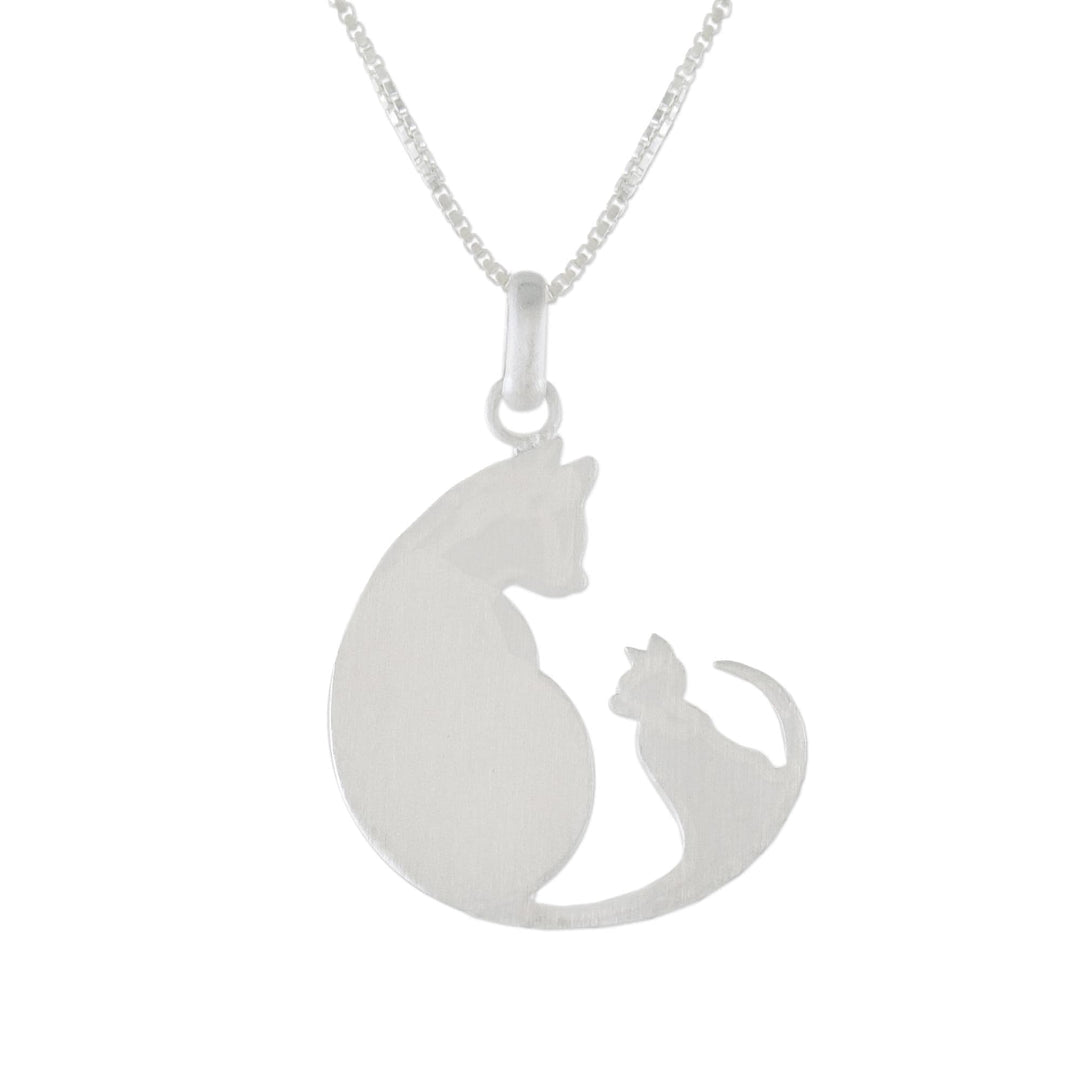Sterling Silver Pendant Necklace of Two Cats from Thailand - Feline Love