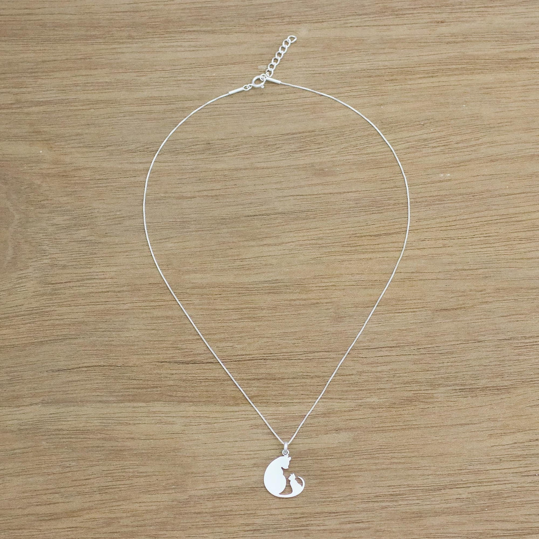 Sterling Silver Pendant Necklace of Two Cats from Thailand - Feline Love
