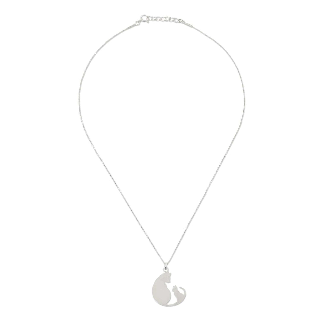 Sterling Silver Pendant Necklace of Two Cats from Thailand - Feline Love