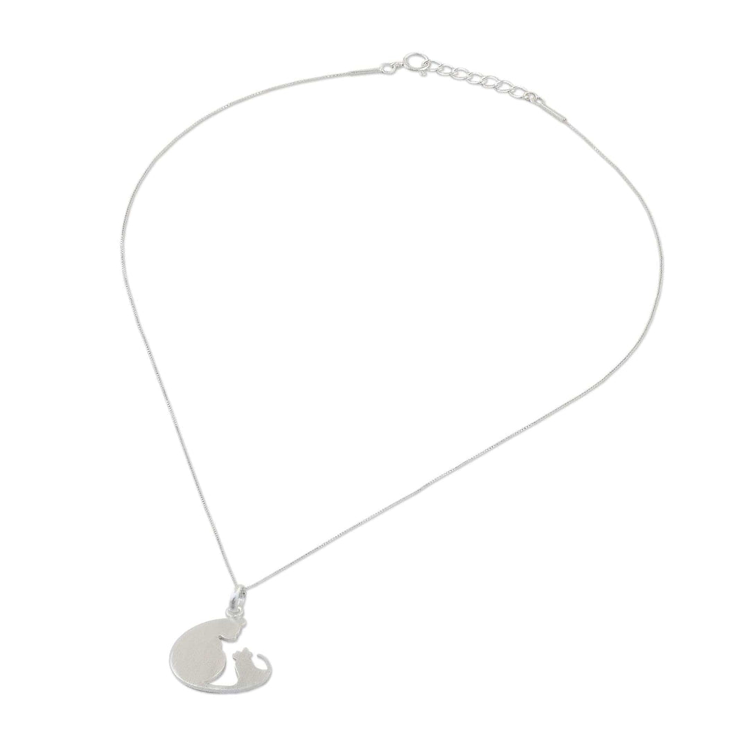 Sterling Silver Pendant Necklace of Two Cats from Thailand - Feline Love