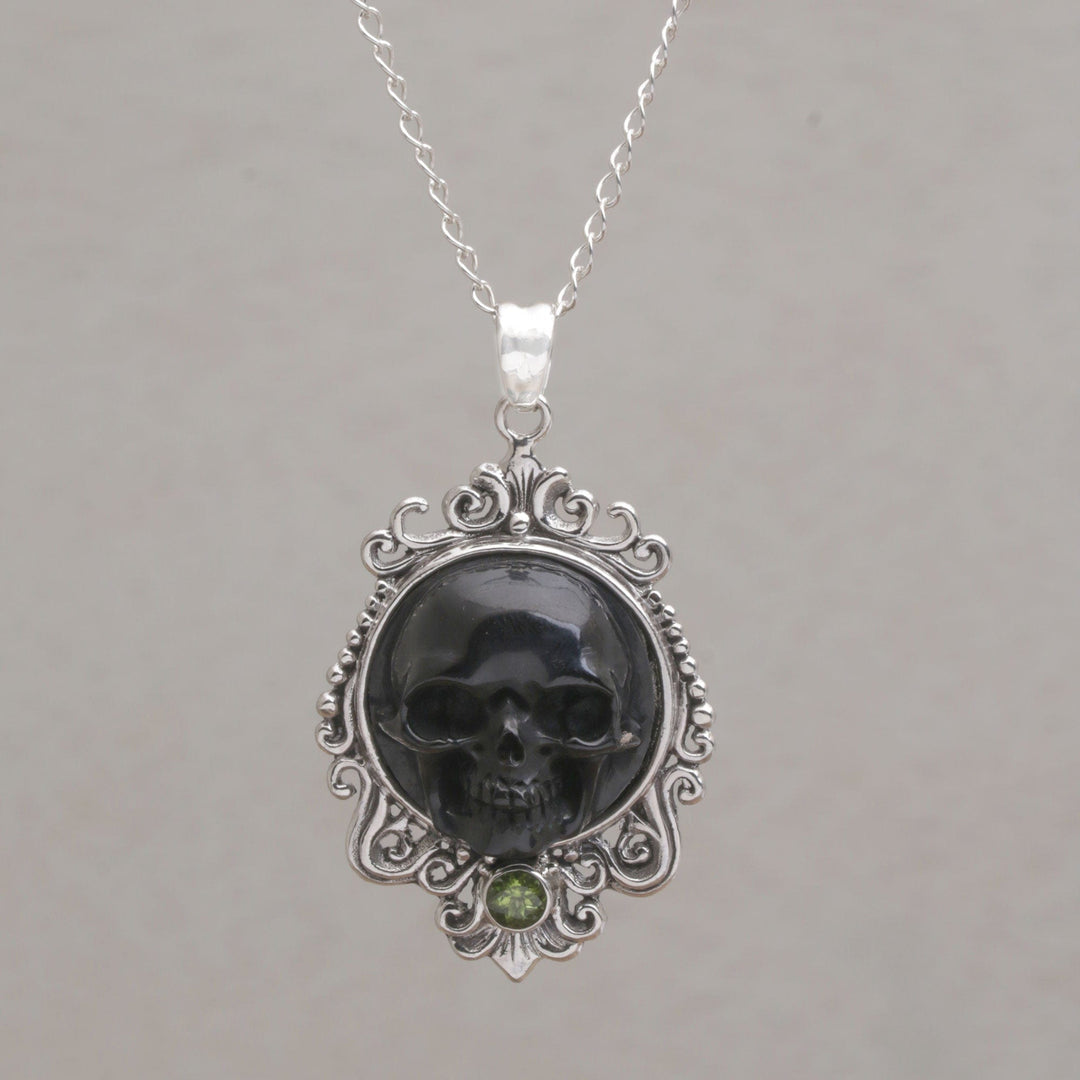 Peridot and Bone Black Skull Pendant Necklace from Bali - Skull Stare in Black