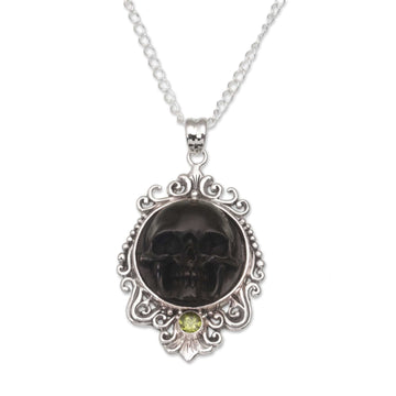 Peridot and Bone Black Skull Pendant Necklace from Bali - Skull Stare in Black