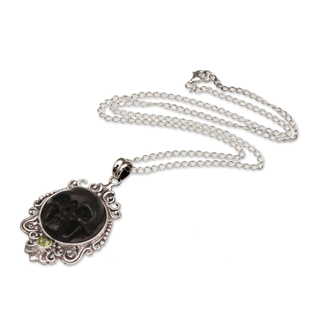 Peridot and Bone Black Skull Pendant Necklace from Bali - Skull Stare in Black
