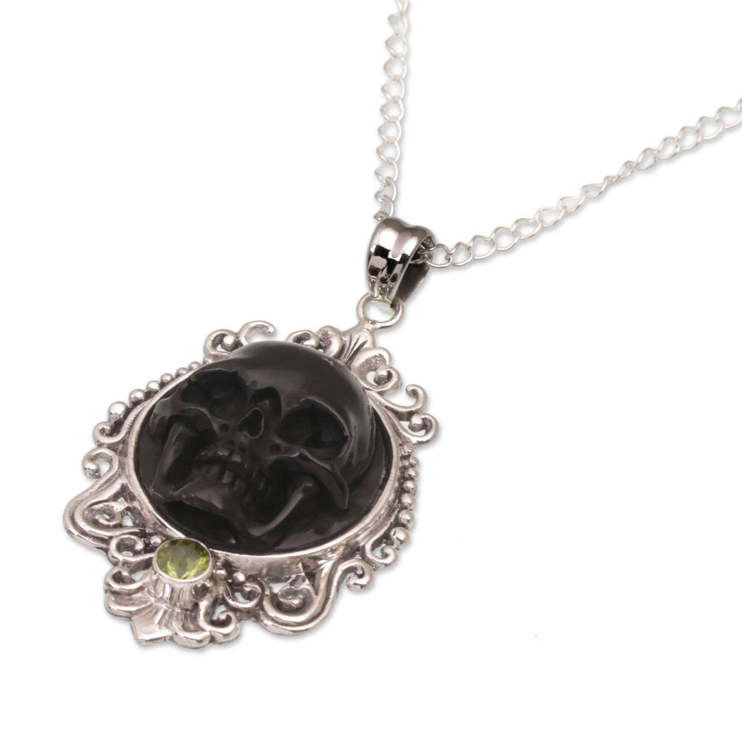 Peridot and Bone Black Skull Pendant Necklace from Bali - Skull Stare in Black