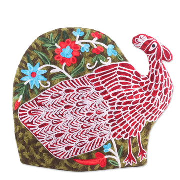 Peacock-Shaped Aari Embroidered Wool Tea Cozy from India - Peacock Strut