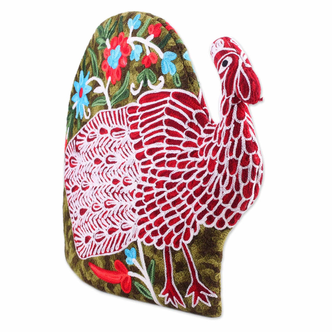 Peacock-Shaped Aari Embroidered Wool Tea Cozy from India - Peacock Strut