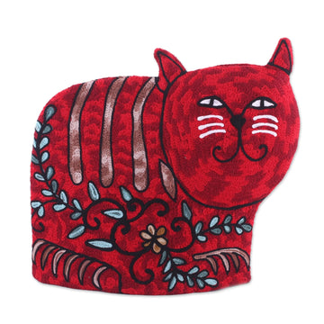 Cat-Shaped Aari Embroidered Wool Tea Cozy in Red from India - Delightful Cat in Red