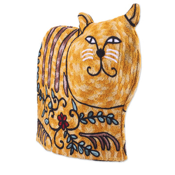 Cat-Shaped Embroidered Wool Tea Cozy in Yellow from India - Delightful Cat in Yellow