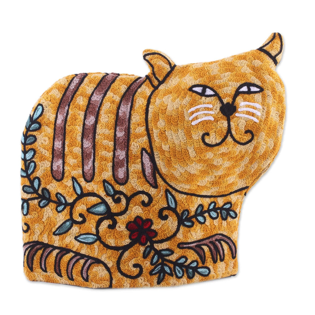 Cat-Shaped Embroidered Wool Tea Cozy in Yellow from India - Delightful Cat in Yellow