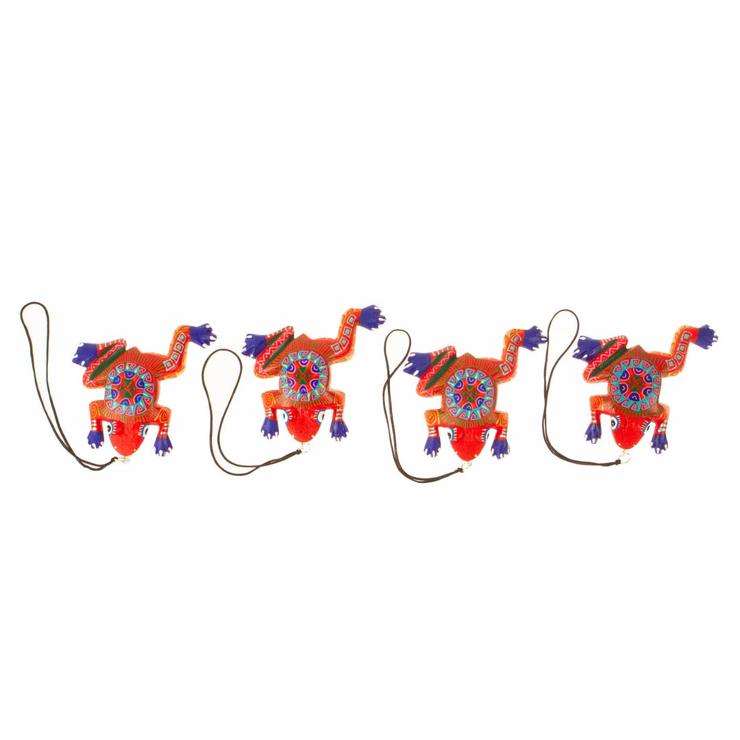 Set of 4 Wood Alebrije Frog Ornaments from Mexico - Fiesta Frogs